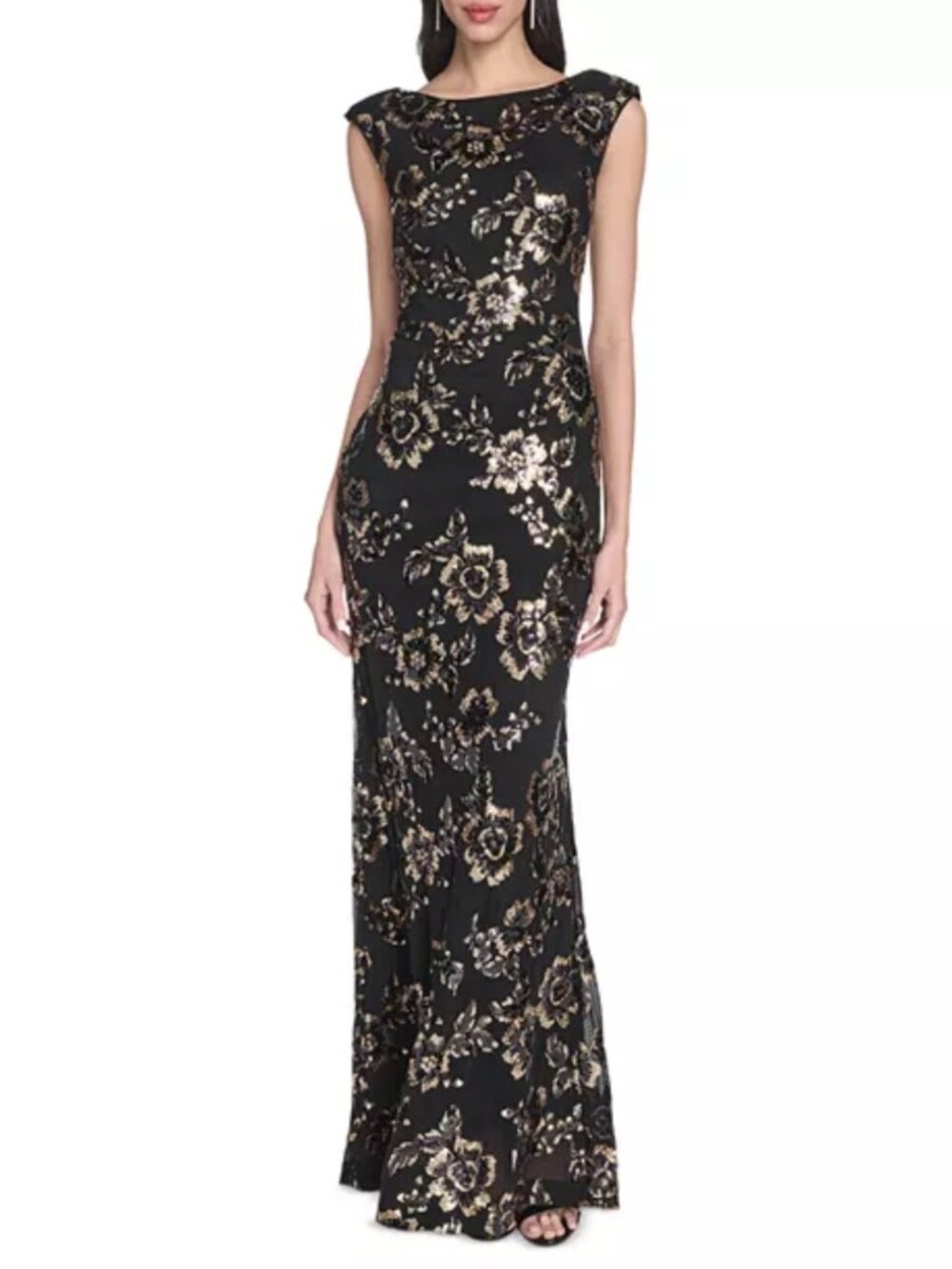 Eliza J Black Floral Sequin Embellished Boat Neck Gown
